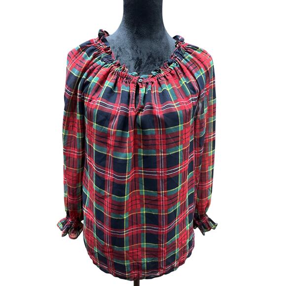 Talbots Tops - Talbots Christmas Top Blouse Red Black Green Plaid Sheer Ruffle S Holiday Party